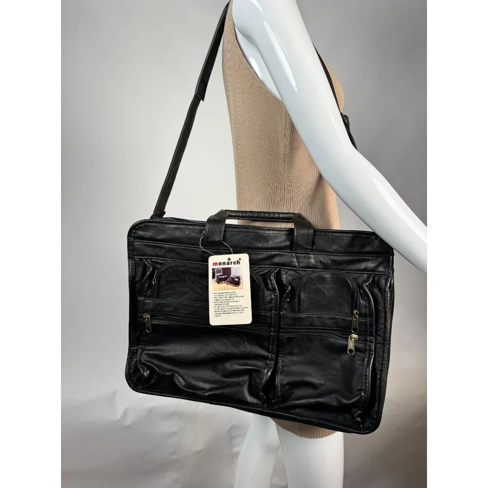 Monarch Black Leather Look Business Briefcase With Multiple Zippered Pockets & A